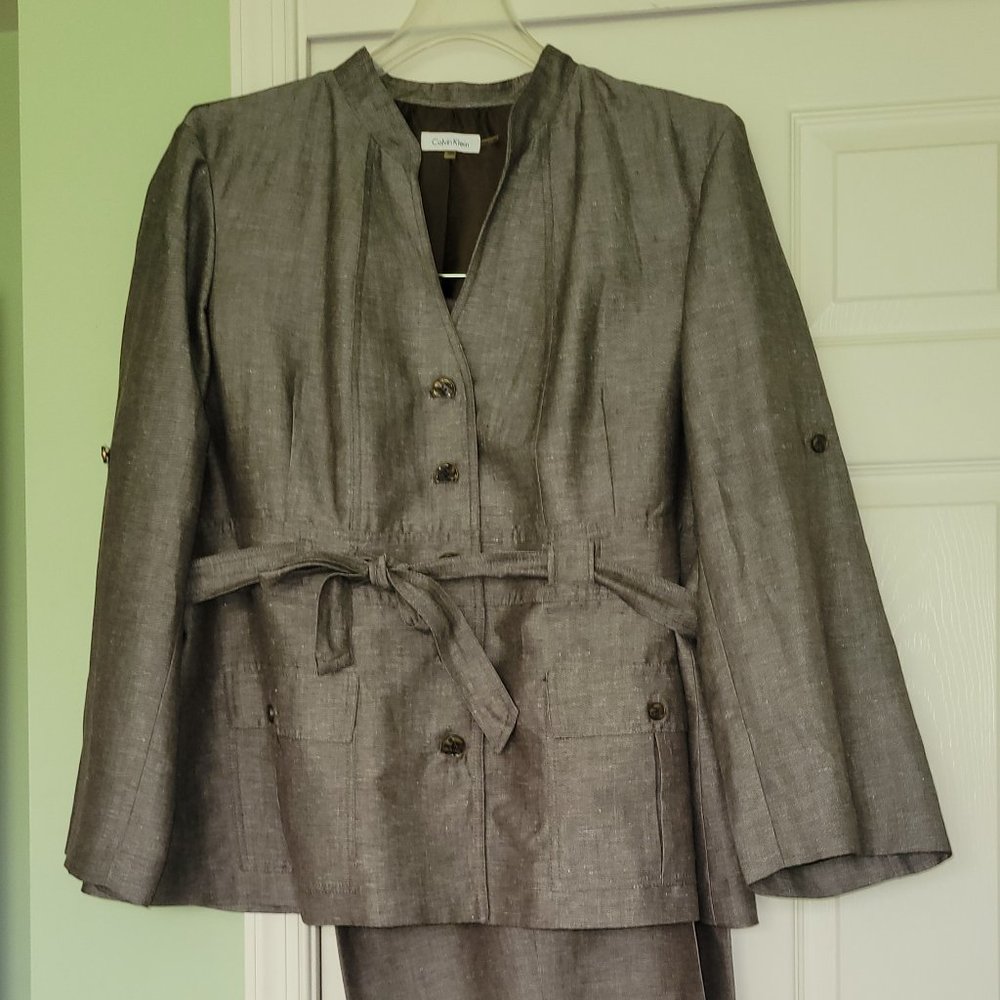 Plus & Tall Calvin Klein Linen Safari Pantsuit Collarless